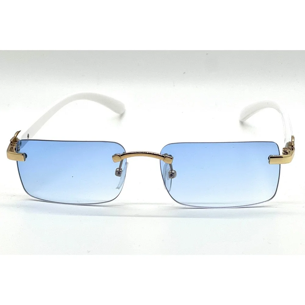 Mens Rimless Rectangle‎ Sunglasses Blue Gradient Lens Gold White C-Decor Frame